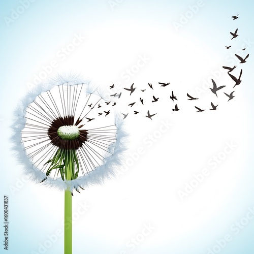 A delicate dandelion seed head disperses its fluffy parachutes into the wind, with individual seeds transforming into tiny birds and soaring gracefully away.