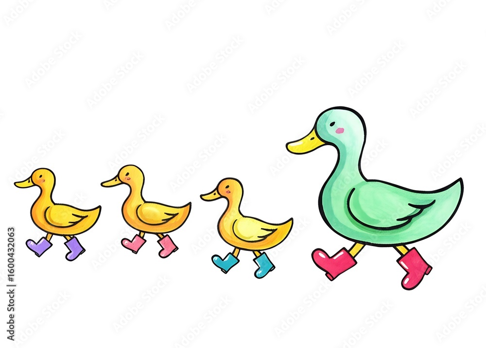 Fototapeta premium Charming watercolor illustration of a family of adorable ducks waddling in a neat line, each wearing tiny, colorful rain boots, set against a clean white background.