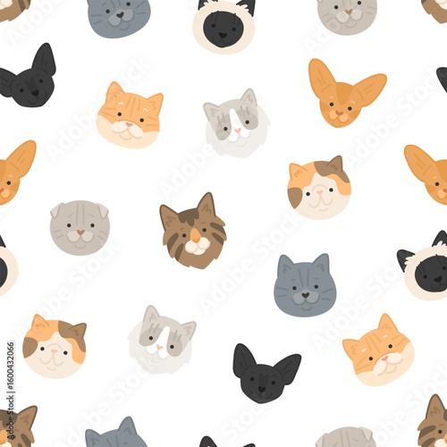 Vector seamless pattern with сartoon cats breeds. Cute texture with faces of abissian, persian, siamese, scottish fold, golden shader on white background. Flat style pattern for textile or paper