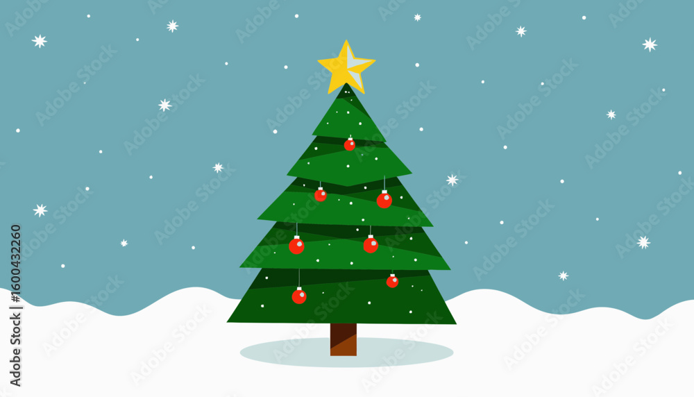 Fototapeta premium Evergreen Christmas tree with decorations in snowy winter scene 