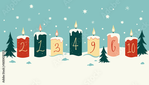 Advent candles with numbers in a snowy winter landscape  