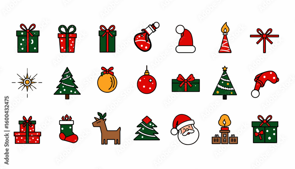 Fototapeta premium Christmas decorative icons in festive colors and various designs 