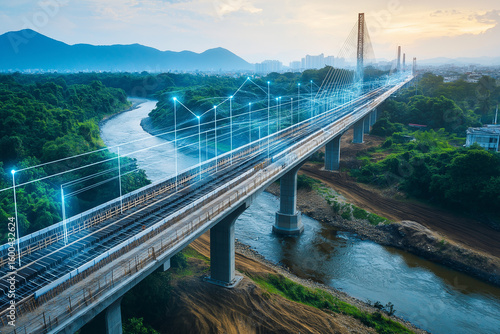 Advanced IoT sensors and devices tracking and analyzing the progress of a bridge construction project over a river providing real time data and insights to optimize the infrastructure development