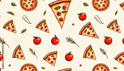 Pizza slices and tomatoes pattern on light beige background  