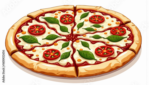 Delicious pizza topped with tomatoes and basil on a wooden background  