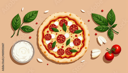 Pizza with pepperoni and fresh basil leaves on textured background  