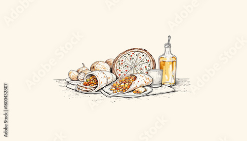 Delicious wraps and pizza on wooden board with oil bottle  