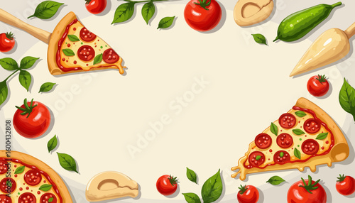 Pizza slices and vegetables arranged on a light background  