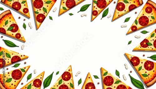 Pizza slices arranged in circle with basil leaves and peanuts  