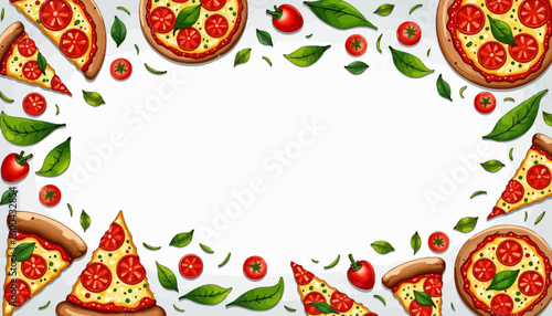 Colorful pizza slices and ingredients arranged in a decorative frame  