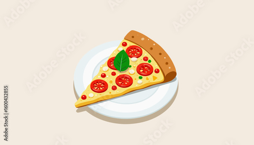 Slice of pepperoni pizza on a white plate with green basil  