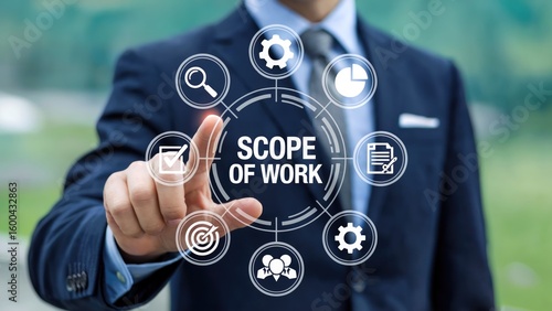Professional scopes business objectives with digital icons for a modern work strategy analysis now