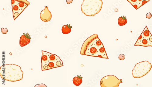 Colorful food pattern with pizza, fruits, and snacks on cream background  