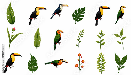 Colorful toucans among tropical leaves in vibrant illustration  