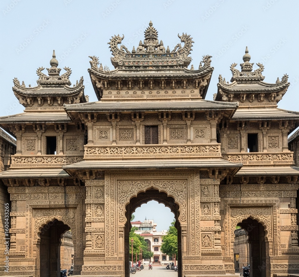 Obraz premium Ornate stone gate with intricate carvings and traditional Chinese architectural elements under a clear sky.