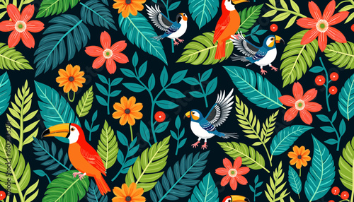 Colorful tropical bird pattern with flowers and leaves on navy background  