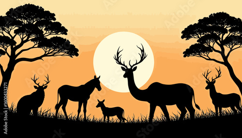 Silhouette of various animals against sunset background  