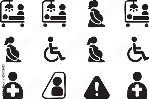 A collection of healthcare and accessibility related icons in black and white including pregnancy wheelchair access and patient care symbols