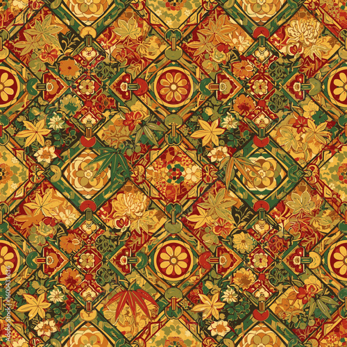 Seamless background with traditional Japanese patterns in Kōjitsunagi style