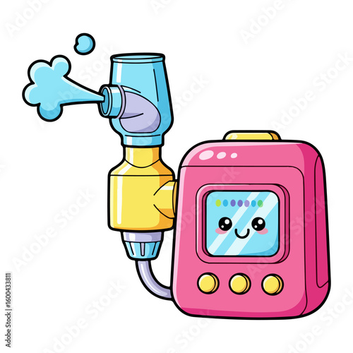 Cartoon nebulizer tool. Colored cartoon with line art and white background. AI generated image.