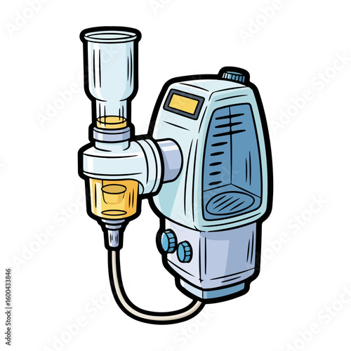 Cartoon nebulizer tool. Colored cartoon with line art and white background. AI generated image.