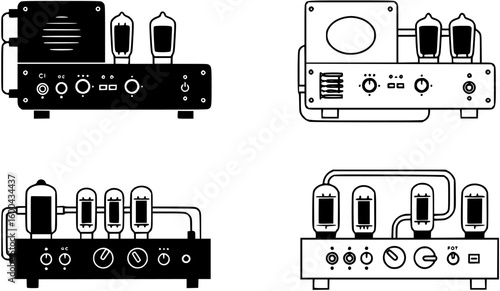 Four vector icons of tube amplifier
