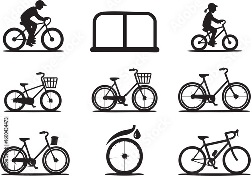 Collection of black and white bicycle vector icons in various styles including a bike rack person riding and a wheel with leaf 