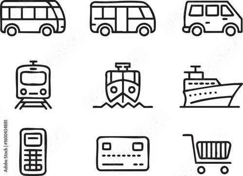 Collection of Transportation and Commerce Icons in Black and White Featuring Buses Trains Ships a Calculator Credit Card and Shopping Cart in a