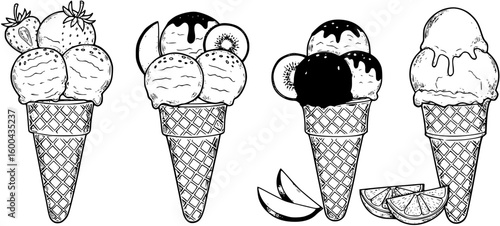 Four vector images of ice cream with fruits
