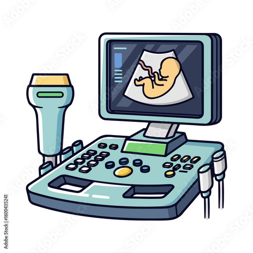 USG (Ultrasonography) tool vector. Colored cartoon with line art and white background. AI generated image.