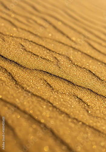 Close-up of golden sand dunes with visible ripples and texture, creating a natural abstract pattern.