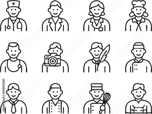 Line Art Icons Representing Various Professions and Occupations Including Doctor Photographer Writer Chef Waiter and Other Service Industry and Creative Roles