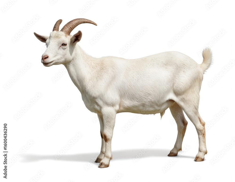 Fototapeta premium Clean white goat stands on white background, brown horns, muscular build. Domesticated mammal often found on farms, in rural settings, known for gentle nature, importance in agriculture.