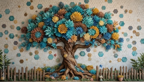 Fantasy 3D mural stylized tree with colorful, kaleidoscopic leaves in turquoise, blue, brown hues. Hexagonal tiles in similar colors adorn wooden oak textured wall, creating vibrant floral background.