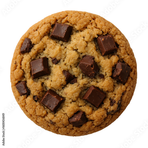 Deliciously baked chocolate chip cookie with dark chocolate chunks isolated on transparent background
