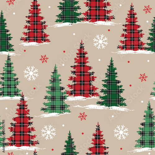 Christmas Pine Tree with Different Plaids Seamless Pattern, Natural background and Snowflakes- Christmas Pine Tree with plaids Vector Illustration