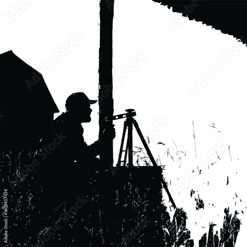 Black-and-White Vector Illustration of Field Surveyor Using Tripod Device – 1-Item Observation Silhouette