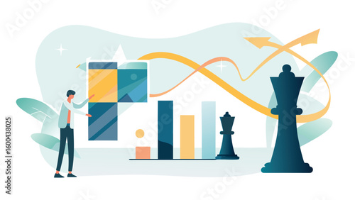 Man interacting with chess board and bar graph with chess pieces and arrow lines present