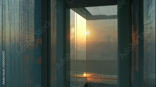 Interior view of a sunlit room with patterned glass.