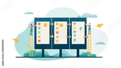 Illustration of a kanban board with people on ladders adding sticky notes and moving tasks