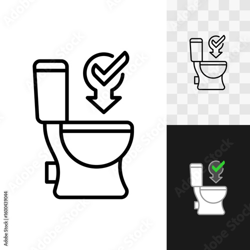 Can be flushed down the toilet icon with arrow and checkbox tick sign. Toilet seat side view silhouette sign. Property of goods symbol. Editable stroke.