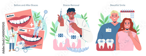 Dental Transformation Process and Braces Removal Illustration