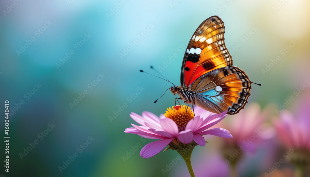 Naklejka premium Close-up of a colorful butterfly sitting on a blooming flower, blurred background, professional macro photography, ultra-HD, sharp and clear