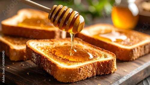 Honey dripping onto toasted bread