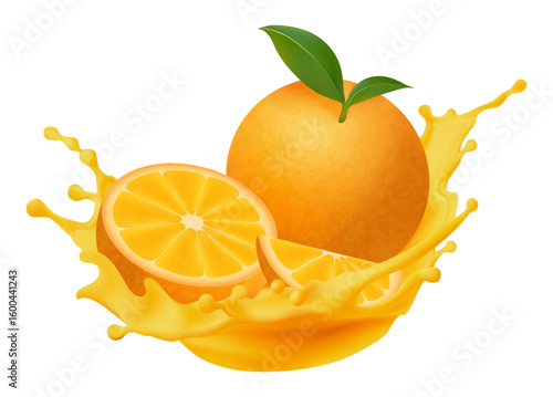 Juicy Orange in Fresh Orange Juice The charm of refreshment and intense flavor ideal for promoting beverages vitamins or orange products