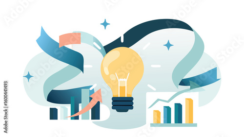 Illustration showing a lightbulb with graphs and an arrow indicating growth and innovation