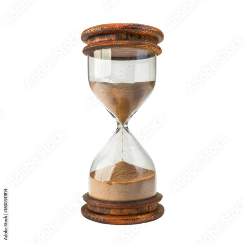 Vintage hourglass, clear glass, brown sand, wooden base