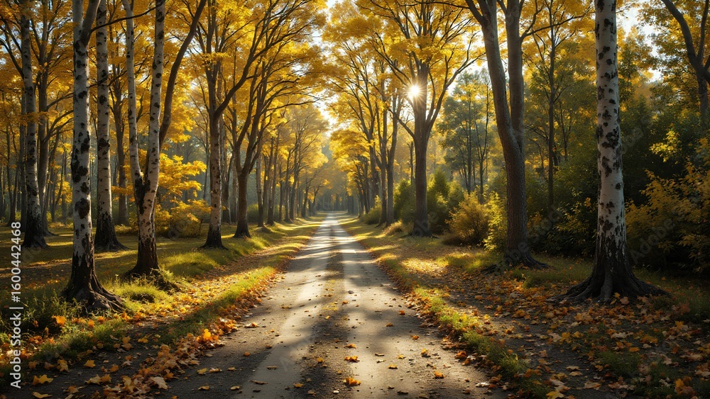 Fototapeta premium A sunlit forest path lined with tall birch trees featuring golden autumn leaves and scattered foliage on the ground.