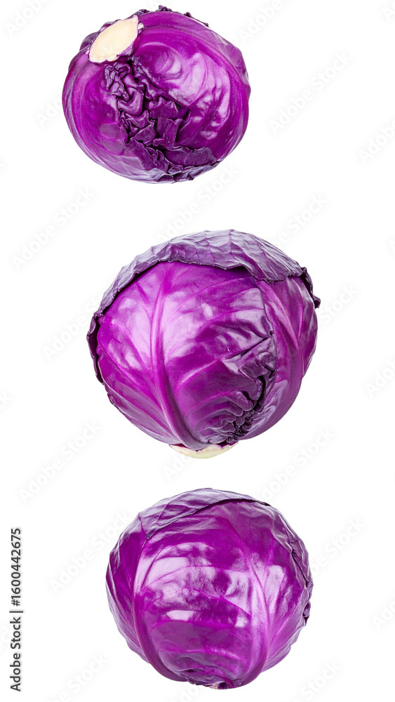Fototapeta premium Rotating red cabbages spinning smoothly, showcasing fresh vegetable vibrancy and nutritional wholeness against transparent backdrop