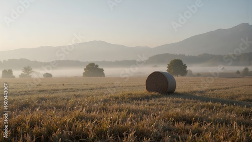 A misty field at dawn with a single hay bale, surrounded by distant trees and mountains under a soft pastel sky.